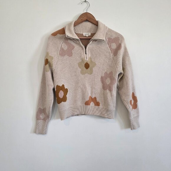 ROOLEE Floral Quarter Zip Sweater XS Cream Retro Flower Print - Picture 1 of 5